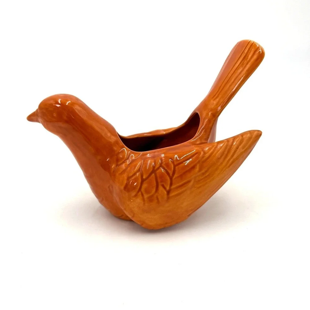 The Pigeon Hole Orange Ceramic Bird Planter Vintage Glazed Pigeon Figurine Texas